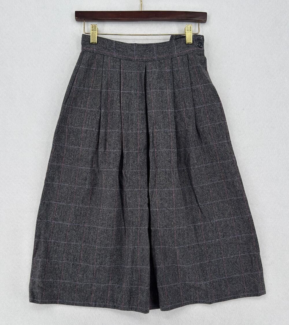 Vintage Evan-Picone Juniors Gray Plaid Wool Pleated Midi A Line Skirt Sz 7/8